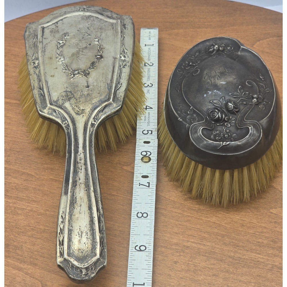 Antique Sterling Silver Art Nouveau Repousse Hair Brush‎ Set Monogrammed - Picture 6 of 8